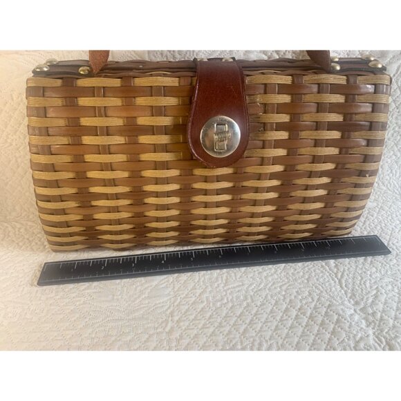 Wicker and Leather Basket Weave Purse Handbag Woven Vintage Hong Kong - Picture 9 of 15